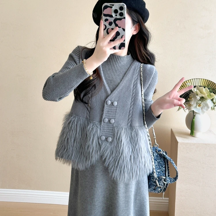 1687马甲连衣裙显瘦气质长毛马甲+内搭连衣裙时尚中长款