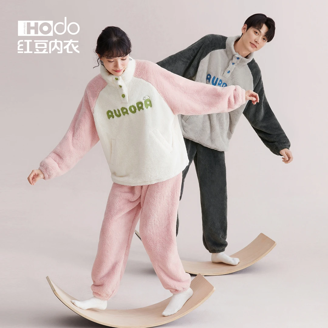 红豆情侣泡泡绒睡衣冬男女士套头珊瑚绒可外穿休闲保暖家居服套装