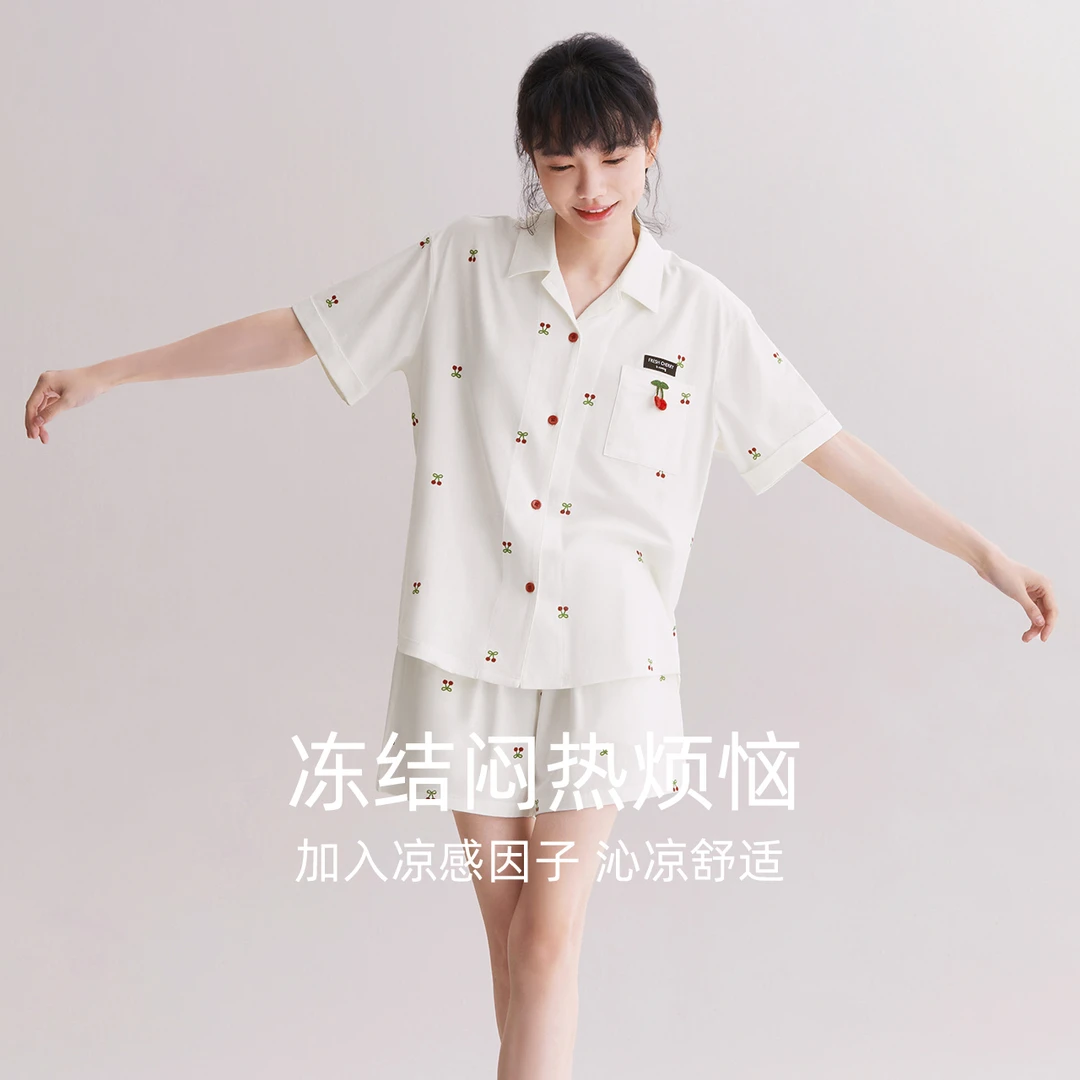 红豆凉感棉质睡衣女樱桃可爱休闲薄款短袖短裤少女家居服套装夏季