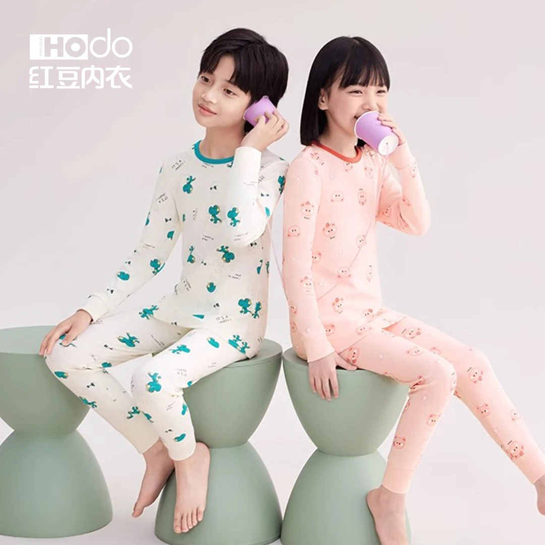 【红豆正品】儿童内衣套装女童秋衣秋裤男童纯棉圆领打底棉毛衫保暖