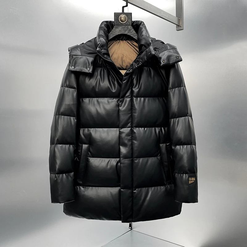 男士连帽鹅绒真皮皮衣休闲冬季外套