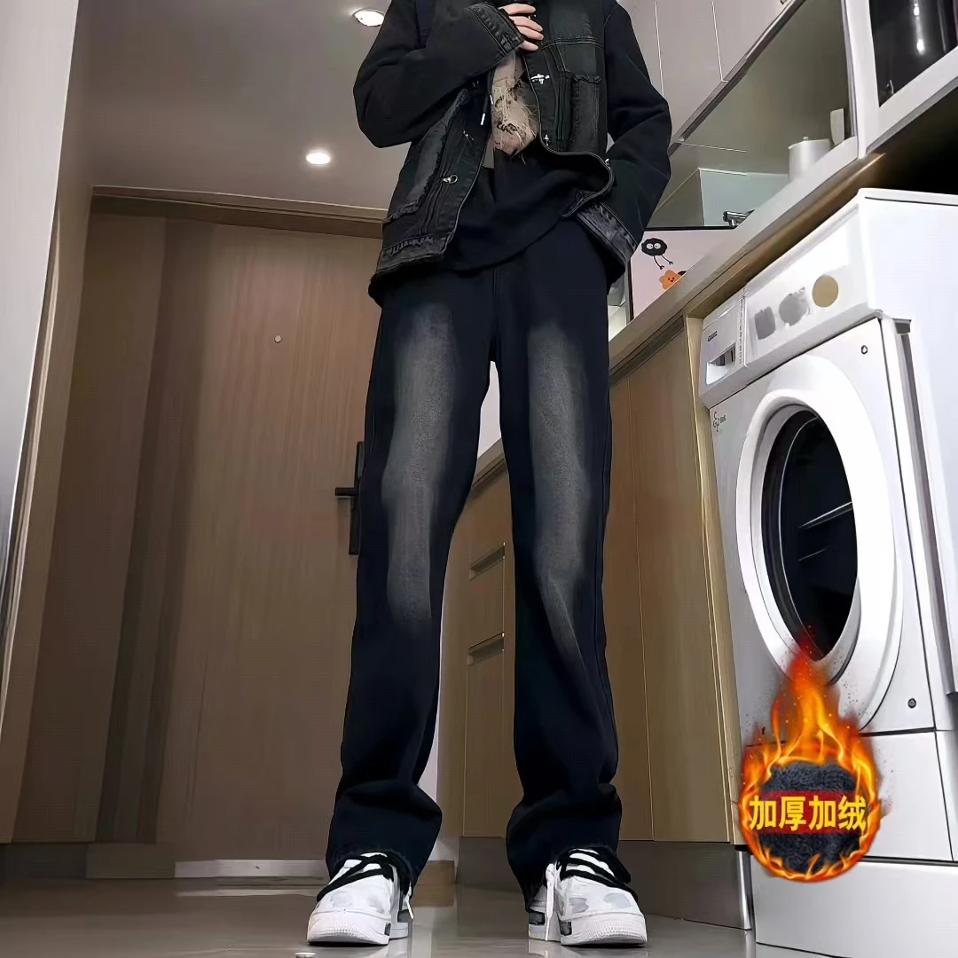 美式潮流宽松直筒牛仔裤男士秋季新款显瘦松腰紧男生黑色休闲裤子