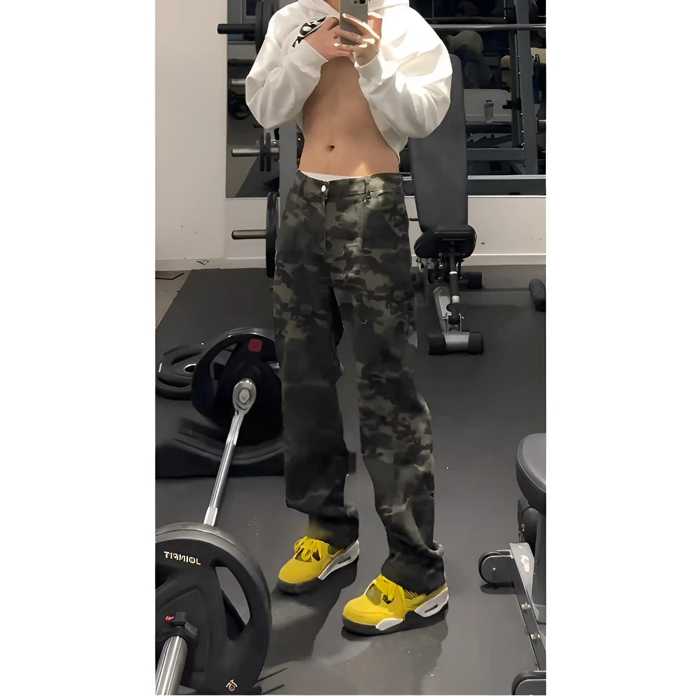 迷彩工装牛仔裤春秋季军绿色直筒裤子男款美式高街cleanfi伐木裤