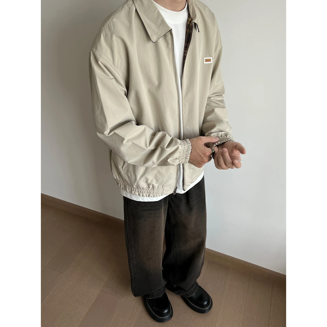 秋冬美式复古格纹双面穿工装简约夹克男高街Cleanfit情侣百搭外套