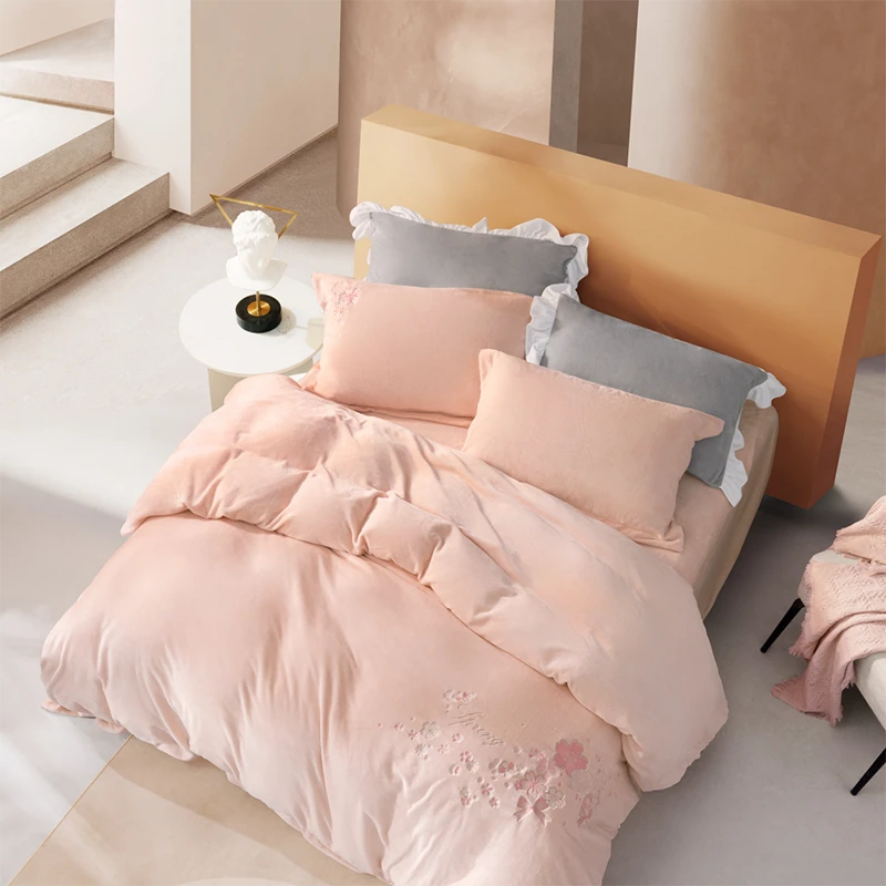 水星家纺樱花简约刺绣珊瑚绒猫感秋保暖四件套纯色