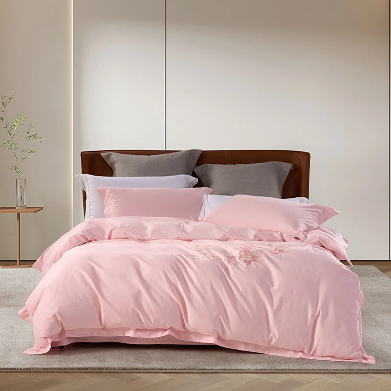 水星家纺纯色四件套·纯棉樱花粉简约亲肤轻奢家居床品香樱若雪