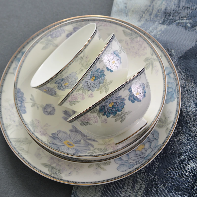 暗香后海唐山碗碟套装家用高档轻奢中式乔迁骨瓷餐具精致碗盘组合