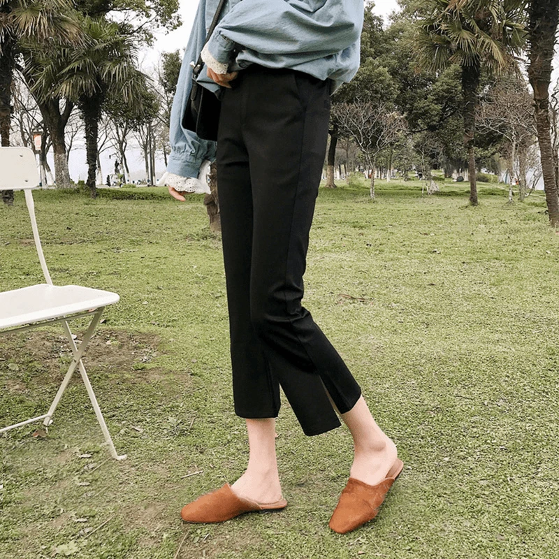 2025新款夏季薄款九分开叉黑色微喇裤小个子八分显瘦休闲喇叭裤子