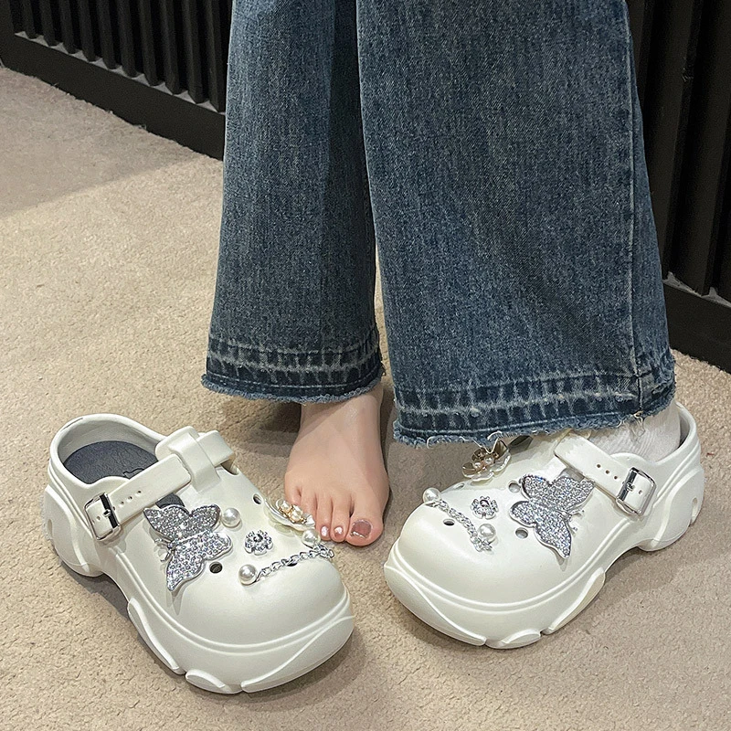 小个子高跟洞洞鞋女夏外穿水钻蝴蝶结高级感eva厚底沙滩包头凉鞋