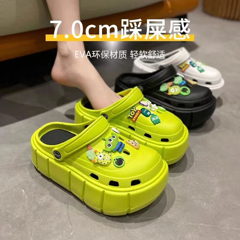 新款EVA包头7cm增高洞洞鞋女士外穿夏百搭时尚卡通厚底防滑凉拖鞋