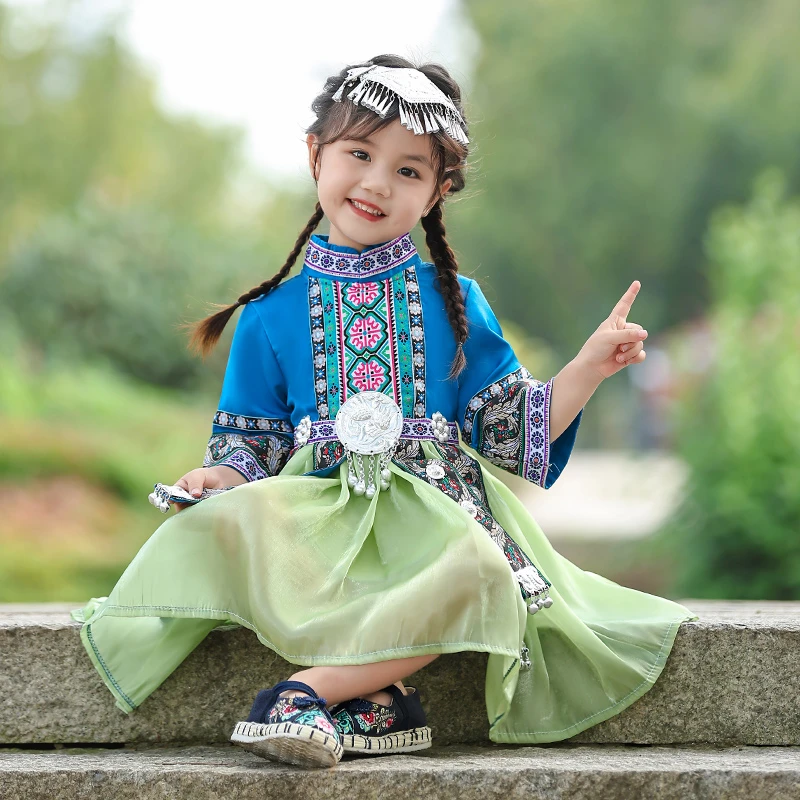 壮族服装儿童广西三月三传统少数民族幼儿宝宝舞蹈演出服饰公主裙