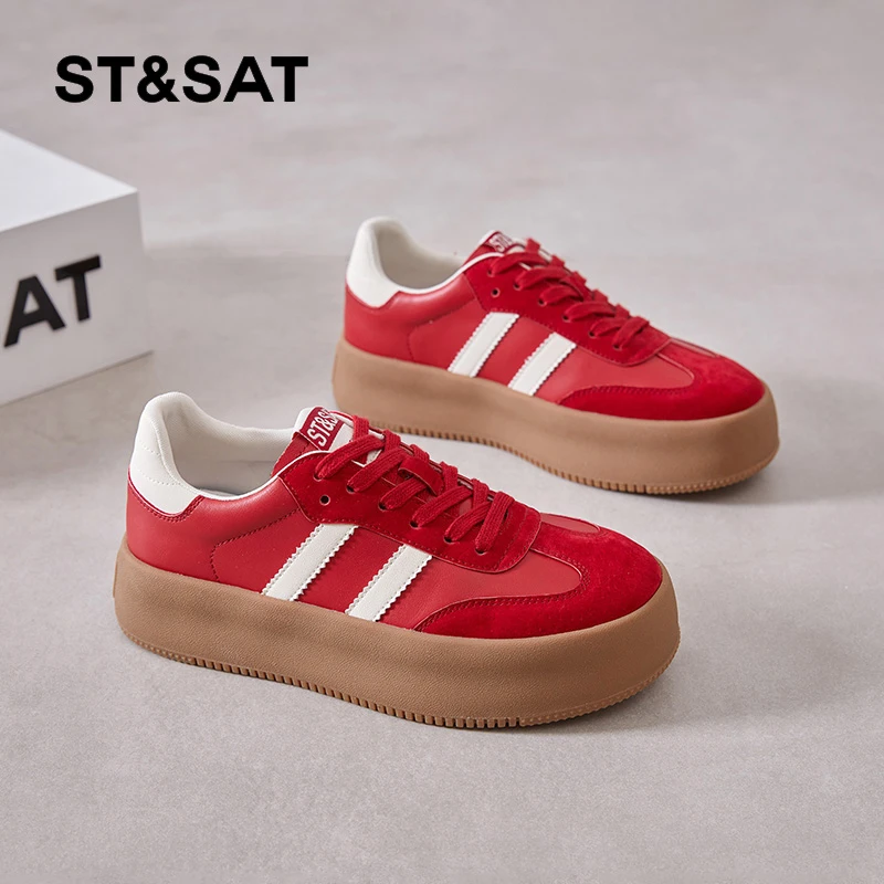 星期六2025秋季新款真皮本命年红色休闲女鞋厚底增高显腿长德训鞋