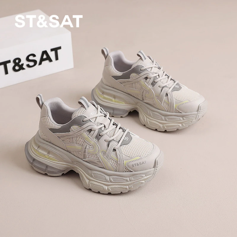 星期六显脚小老爹鞋女2025春季新款厚底增高6公分网面透气运动鞋
