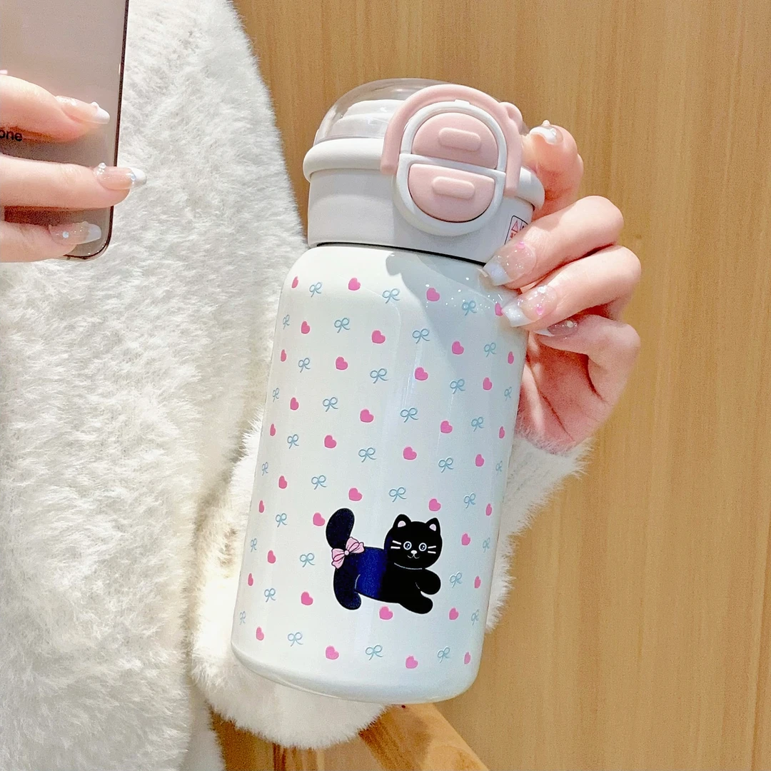 2024新款大容量保温杯不锈钢小猫水杯女高颜值学生可爱双饮吸管