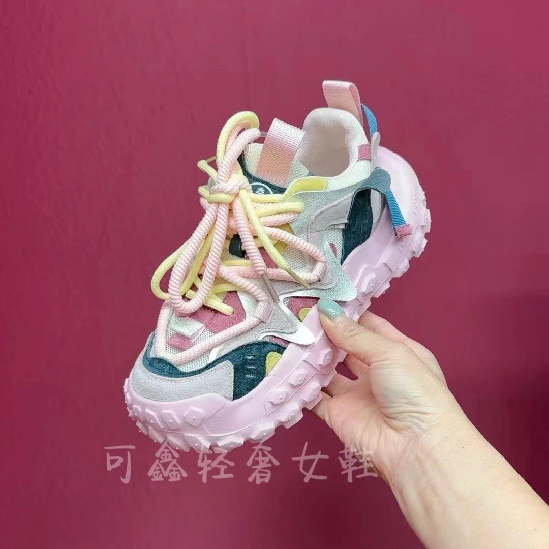 可鑫新款~【浪漫玫瑰】~~时尚潮流拼色厚底超轻轮胎底休闲女老爹鞋