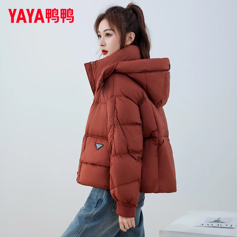 鸭鸭羽绒服女2024新款冬季短款立领韩版时尚连帽保暖面包服外套潮