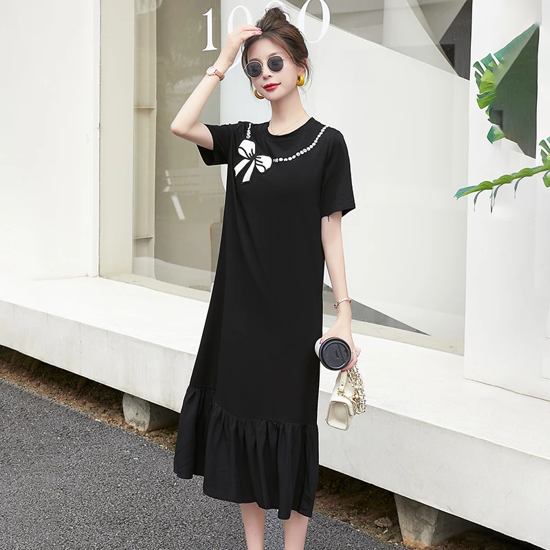 圆领短袖T恤拼接黑白撞色蝴蝶结绣花a字连衣裙女2025夏季新款减龄