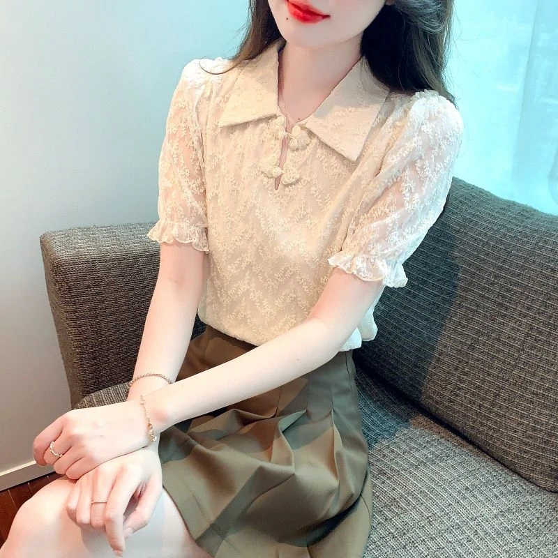 泡泡袖蕾丝上衣女夏季短袖2025年新款设计感小众国风新中式衬衫女