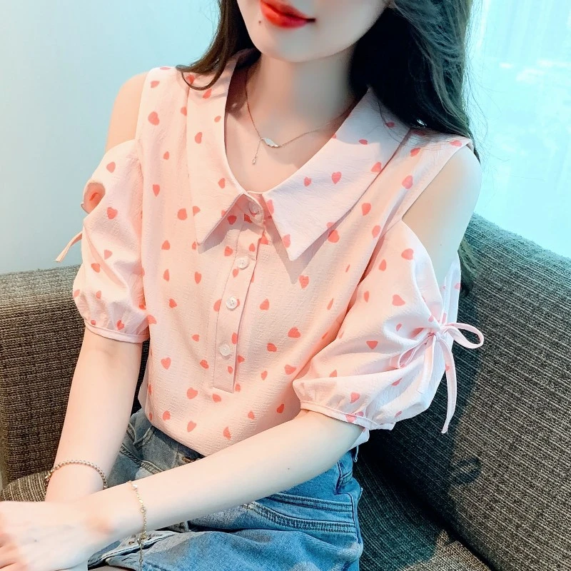 2024年夏季新款女装娃娃领露肩衬衫女气质雪纺短袖上衣设计感小众