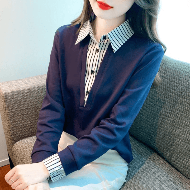 条纹假两件衬衫女长袖秋冬2024年新款时尚减龄女士衬衣设计感上衣