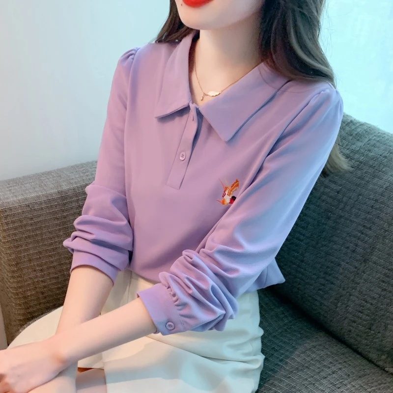 刺绣POLO领T恤女长袖早秋季2024年新款女装百搭修身打底织棉上衣