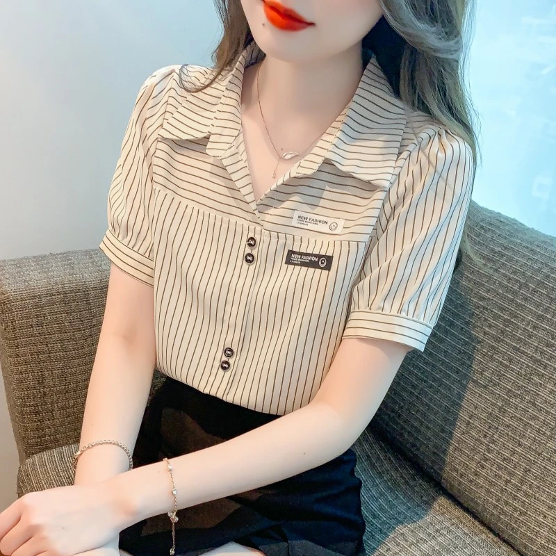 条纹衬衫女短袖夏季2025年新款雪纺衬衣设计感小众小个子上衣洋气