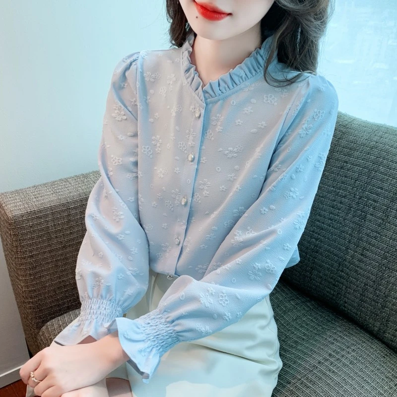 春秋季新款女装气质减龄立领木耳领衬衫女长袖时尚提花新国风上衣