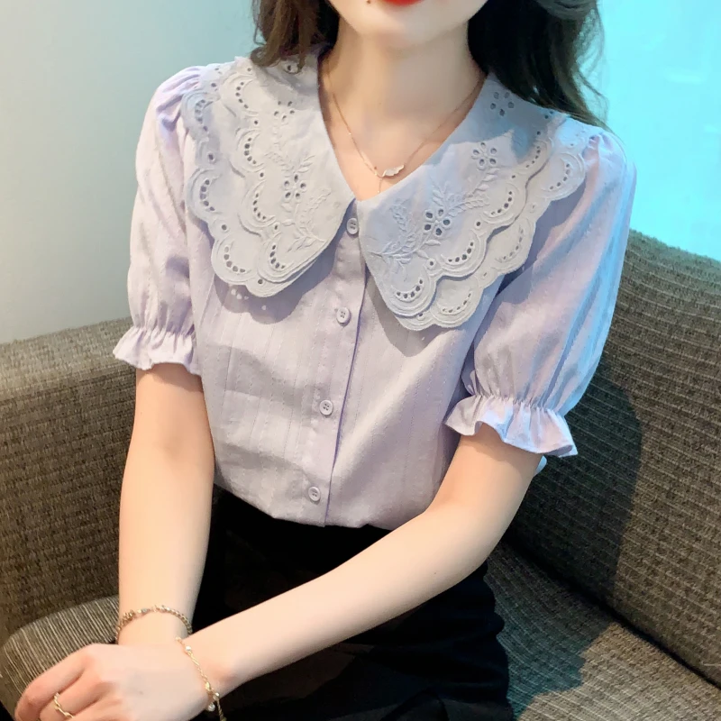 夏季2024年新款女装衬衣时尚减龄纯棉衬衫洋气全棉娃娃领上衣短袖