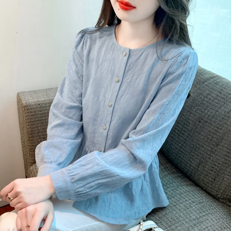春秋季2025年新款女装纯棉衬衫女洋气全棉提花衬衣宽松遮肚子上衣