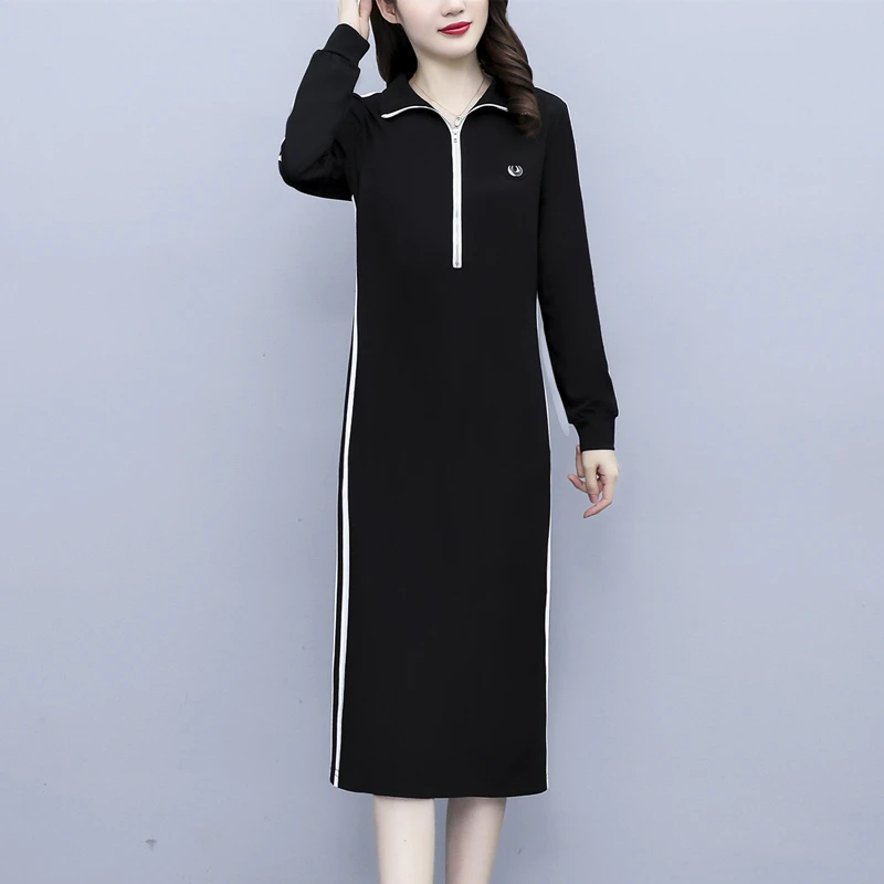 POLO大码连衣裙女长袖2023秋冬季新款休闲刺绣中长款宽松显瘦裙子