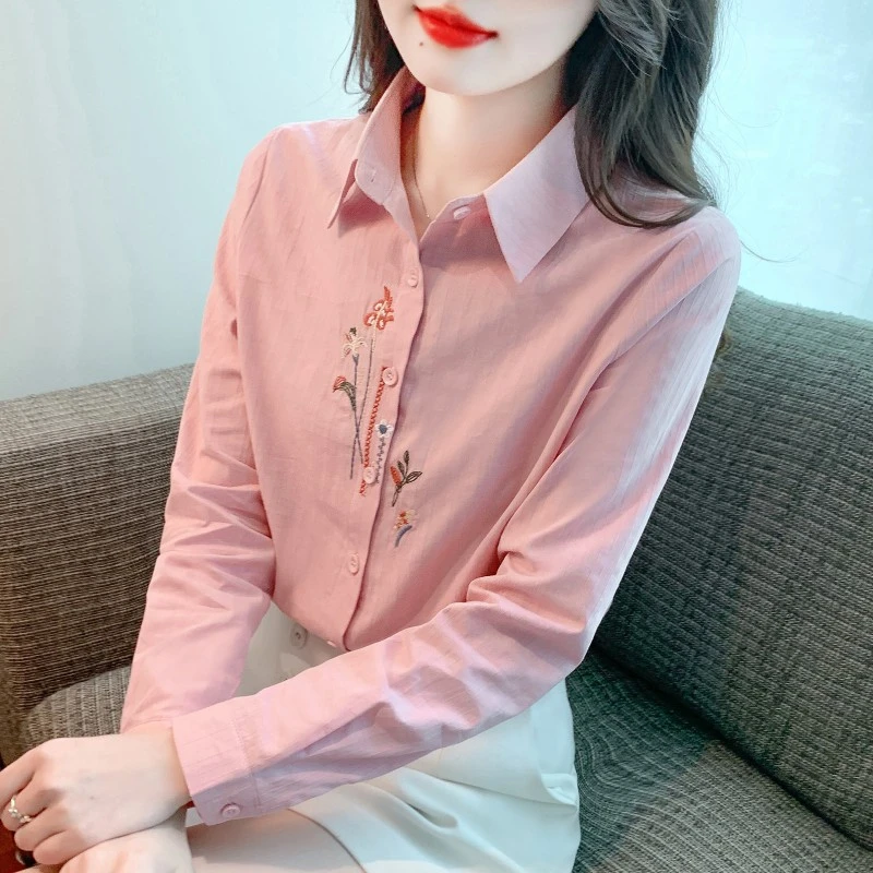 春秋季2025新款女装时尚百搭减龄纯棉衬衫女洋气全棉刺绣上衣长袖