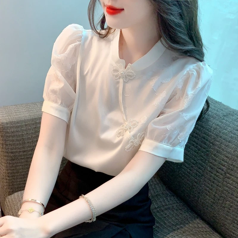 夏季2025年新款复古盘扣提花上衣女气质百搭短袖洋气雪纺小衫立领