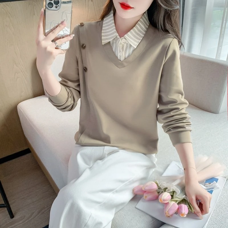 秋冬季2025年新款加绒加厚假两件衬衫女士长袖领拼接卫衣宽松上衣