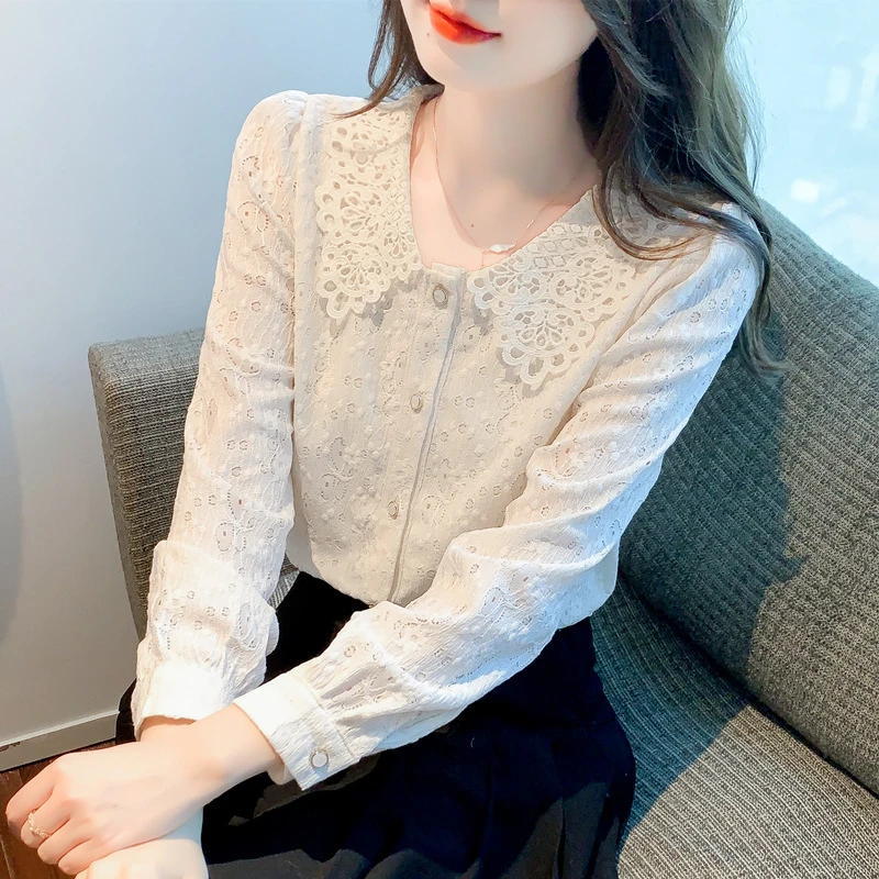 加绒加厚衬衫女长袖秋冬季2024年新款时尚减龄洋气娃娃领蕾丝上衣