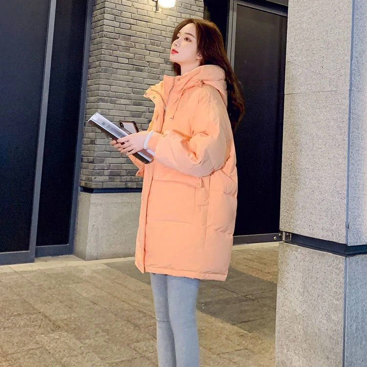 冬季当季爆款橘色羽绒服女连帽中长款小个子2023新款宽松羽绒服时