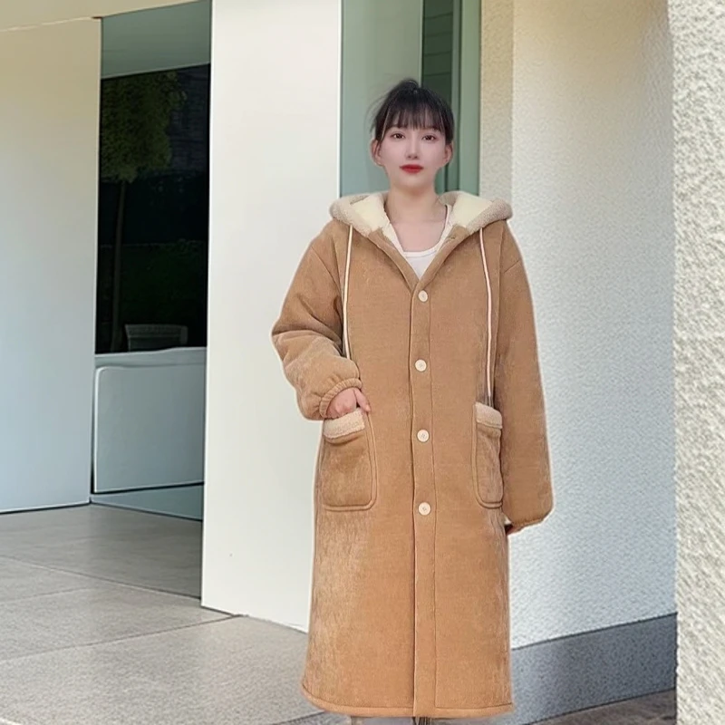 冬季三层加厚夹棉大衣可外穿家居服中长款连帽加绒宽松外穿家居服