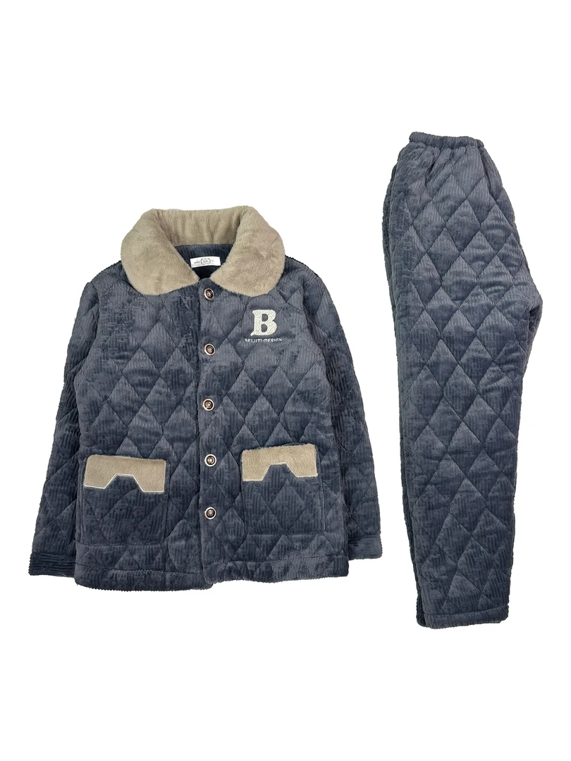 男士冬季睡衣三层夹棉加厚保暖特厚加厚家居服套装