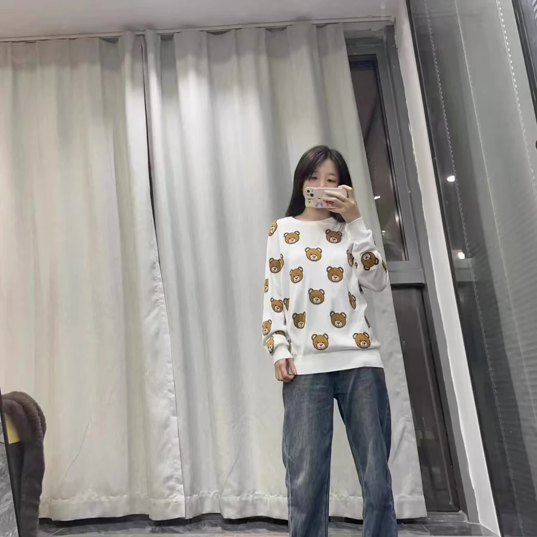 10172意系莫系重磅山羊绒提花小熊针织衫女宽松百搭24秋冬新款