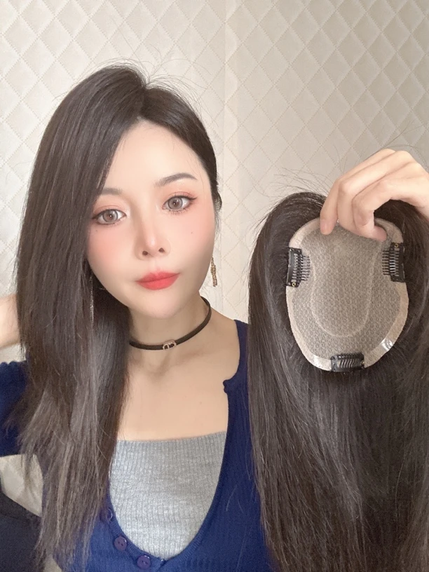 仿真头皮12×14头顶补发片增发量蓬松八字刘海全手工真人盖白发