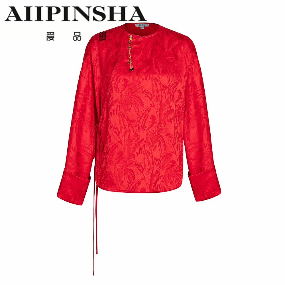 琴老板爱品纱提花新中式系绳圆领长袖时尚女士上衣E4SJ477BRY