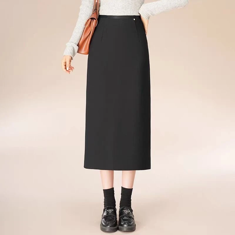 两个裙长黑色加绒加厚秋冬半身裙女百搭小个子中长款后开叉气质款