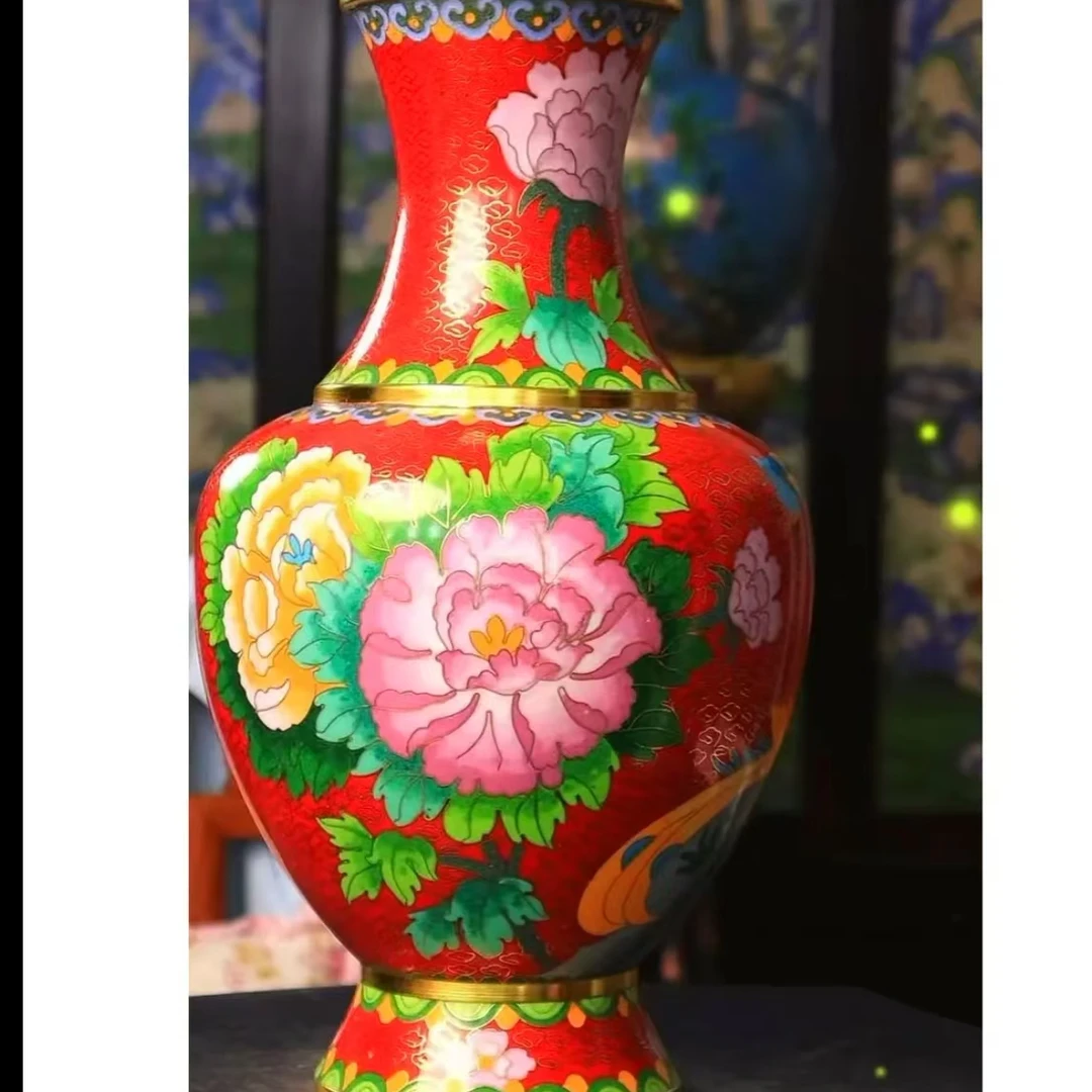 北京珐琅景泰蓝大款花开富贵红色款净高38cm