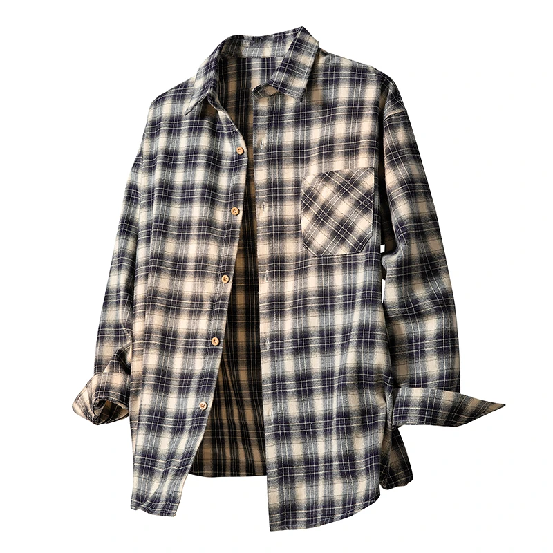 美式复古格子衬衫男潮长袖春秋宽松休闲情侣学生大码内搭衬衣外套
