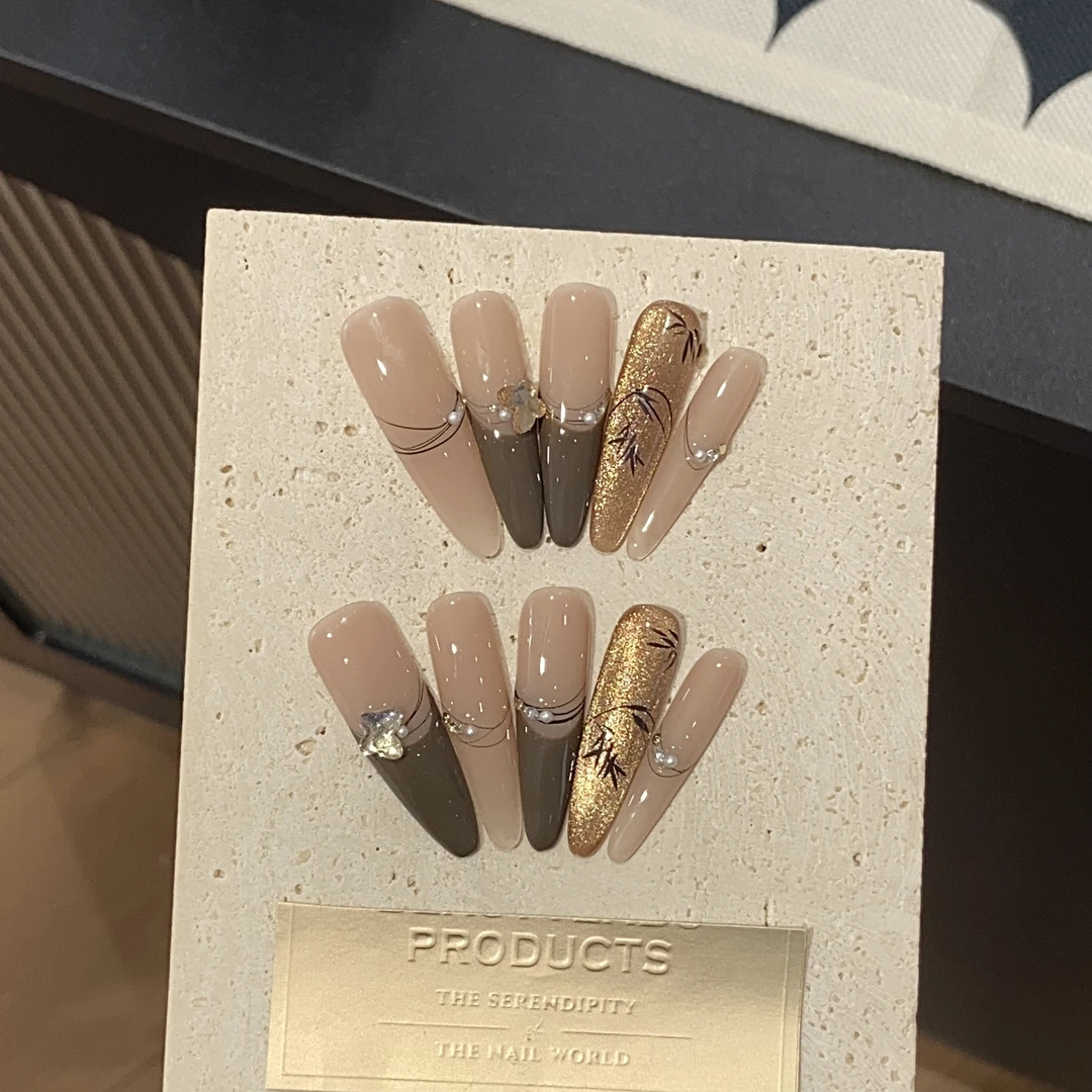 【金枝玉叶】高级黑竹法式爆闪金猫眼气质显白温柔长款手工穿戴贴片