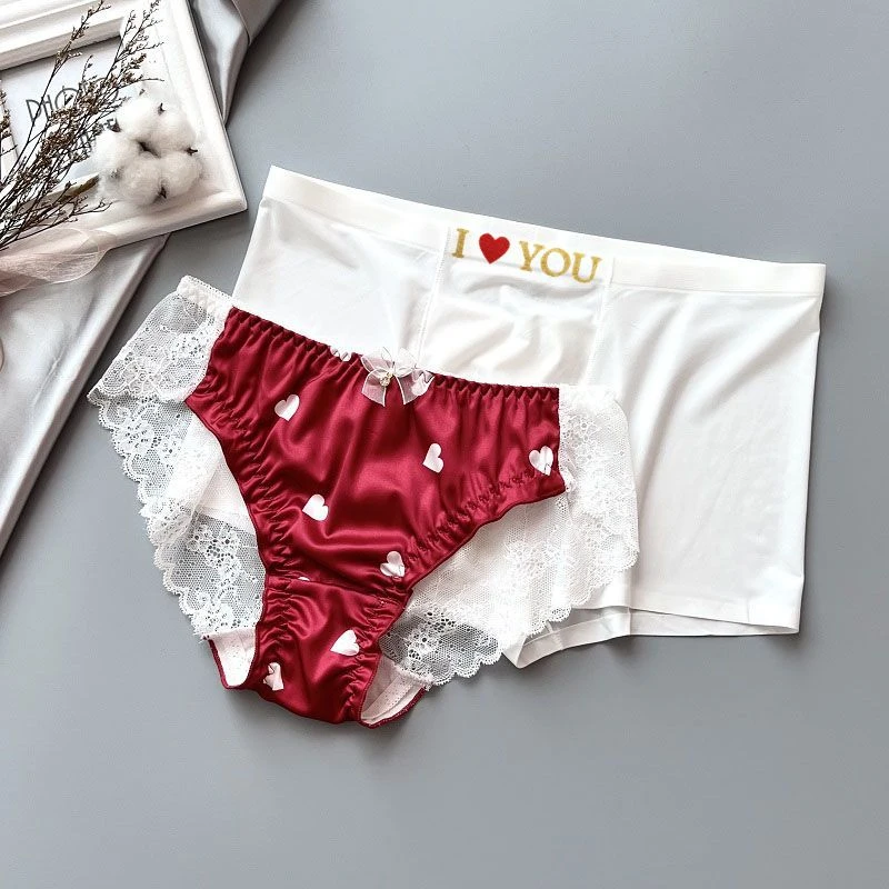 情侣内裤蕾丝边款丝滑可爱心型性感夫妻同款一男一女中腰透气女士