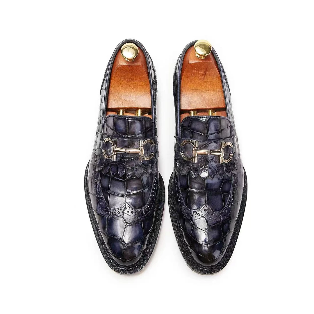 鲲鹏系列五线挪威缝尼罗鳄高端乐福鞋手工擦色高端时尚商务男鞋