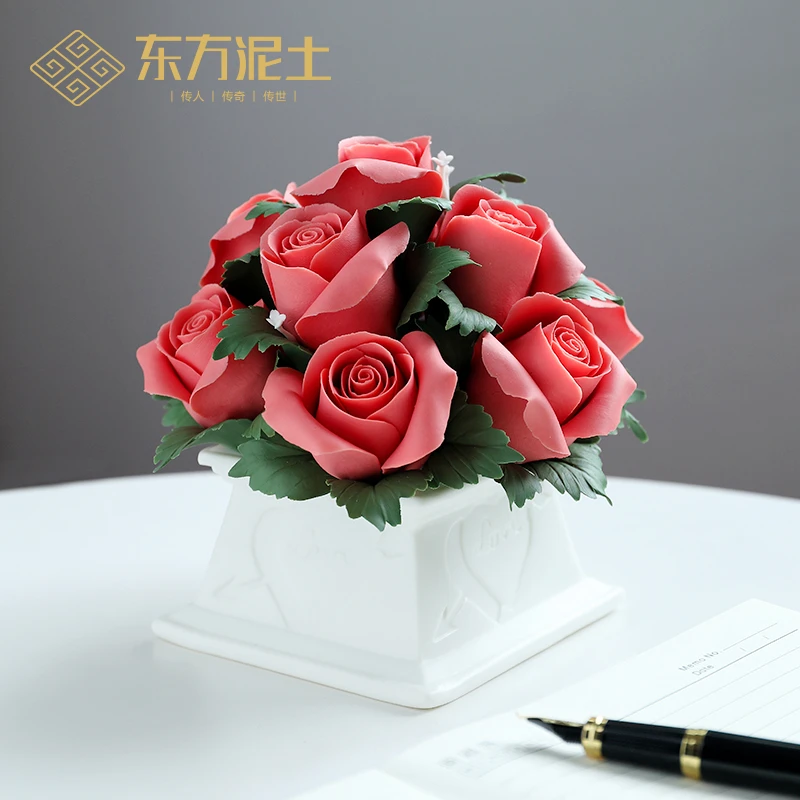 东方泥土 红色玫瑰花摆件 陶瓷永生花结婚礼物送女友送老婆礼盒