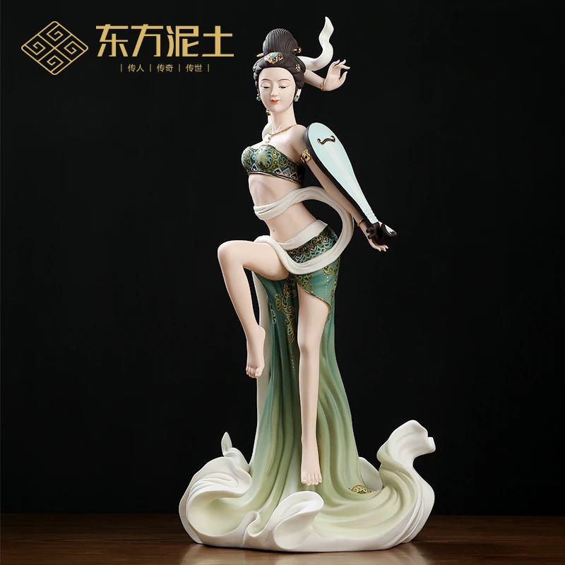东方泥土国风敦煌艺术手工陶瓷极彩反弹琵琶美女客厅书房酒柜摆件