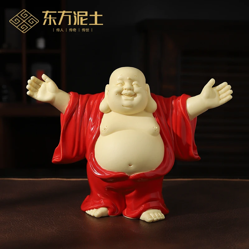 东方泥土中国红弥勒佛像摆件陶瓷中式家居客厅酒柜电视柜装饰摆设