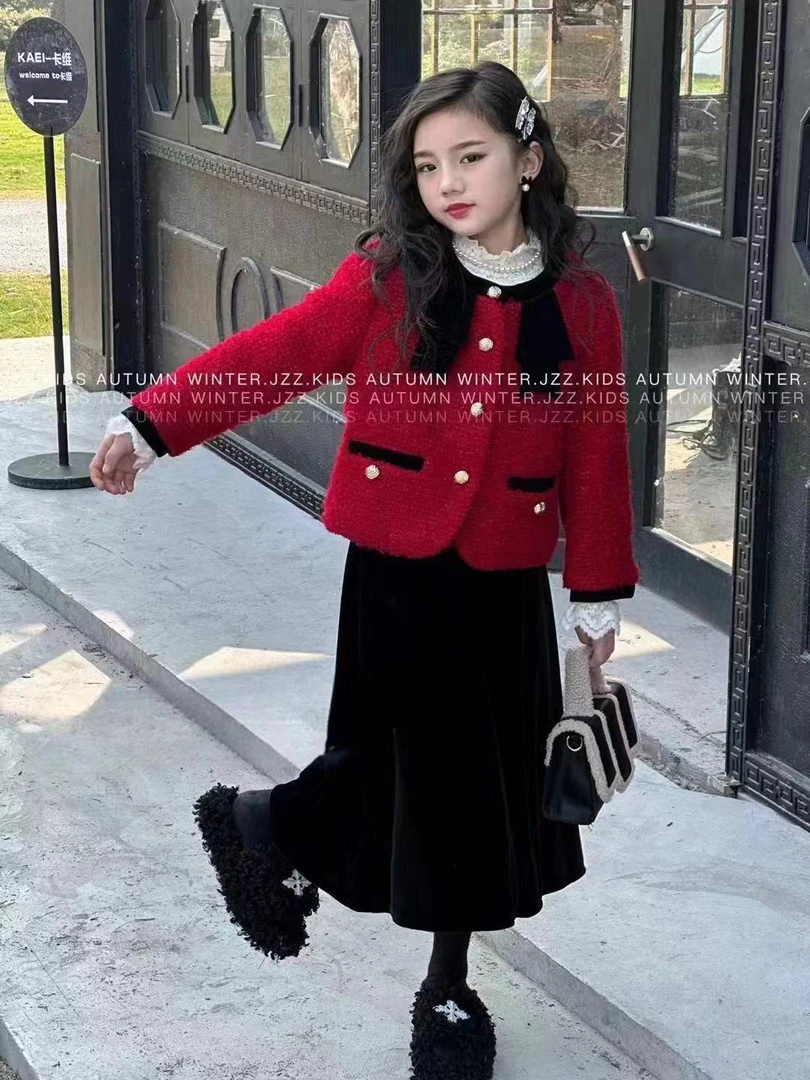 女童小香风套装夹棉秋冬装2023新款儿童时髦女孩百褶裙两件套洋气
